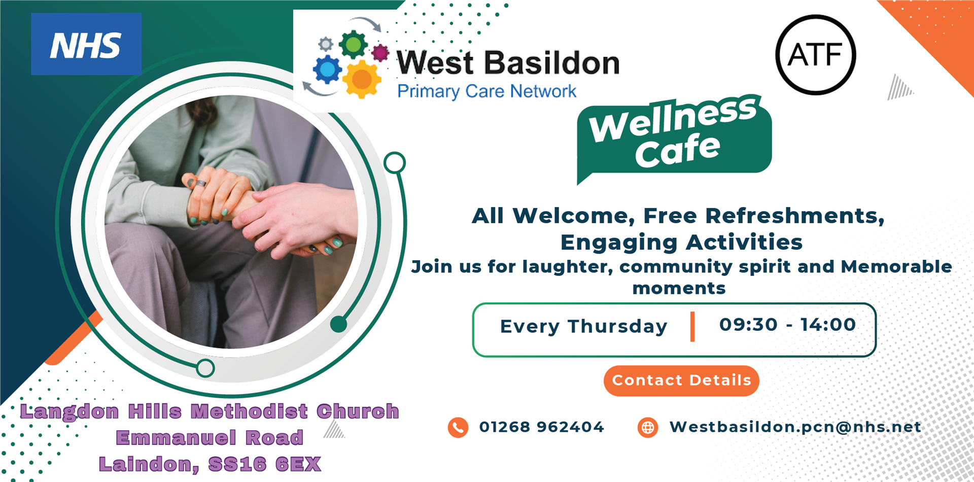 Wellness cafe. All welcome, free refreshments, engaging activities. Join us for laughter, community spirit and memorable moments. Every thursday 9:30am - 2pm. Landon Hills Methodist Church, Emmanuel Road, Laindon. SS16 6EX. Telephone number 01268 962404. Email westbasildon.pcn@nhs.net